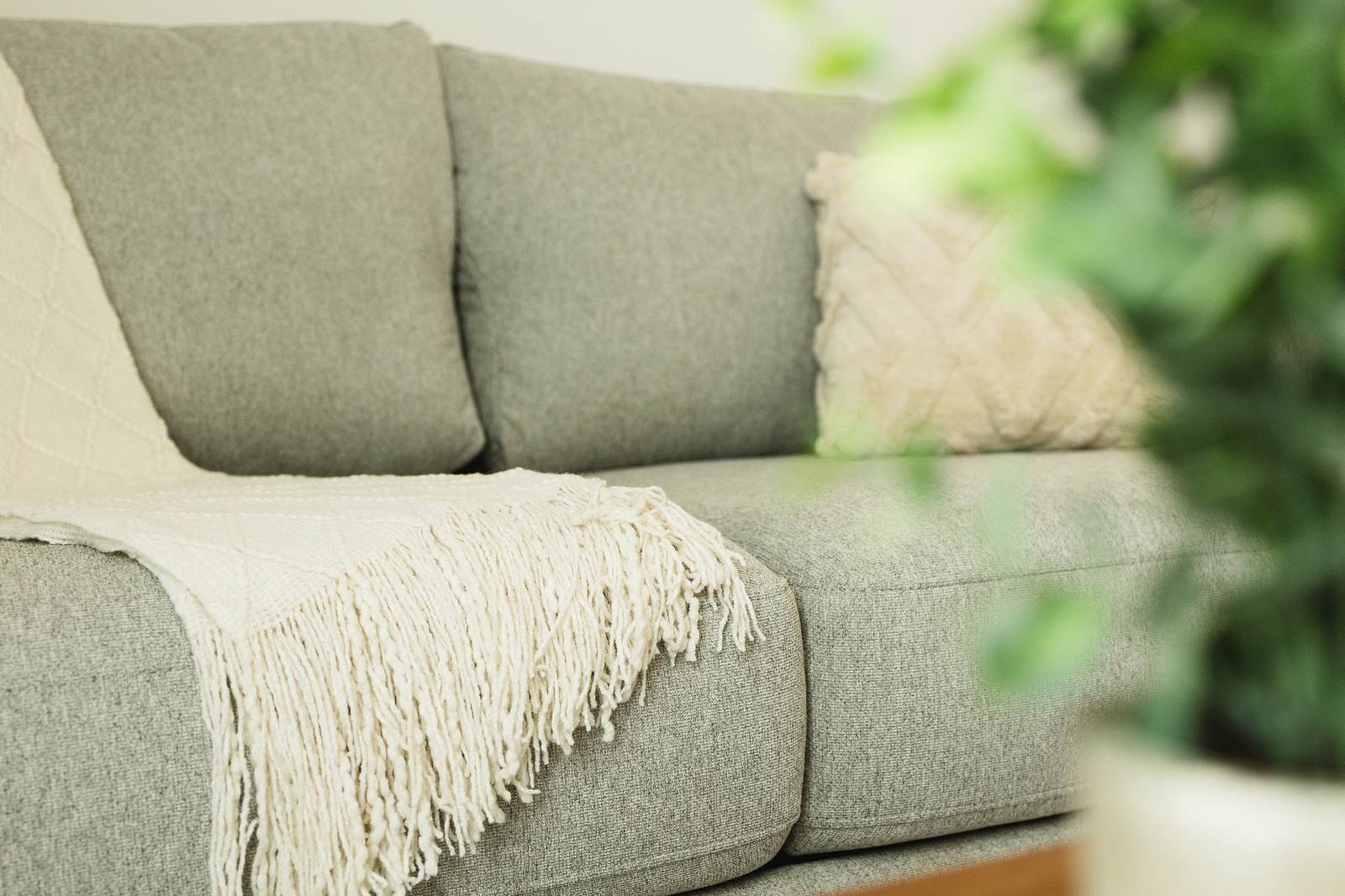 Sofá con textiles cálidos y plantas
